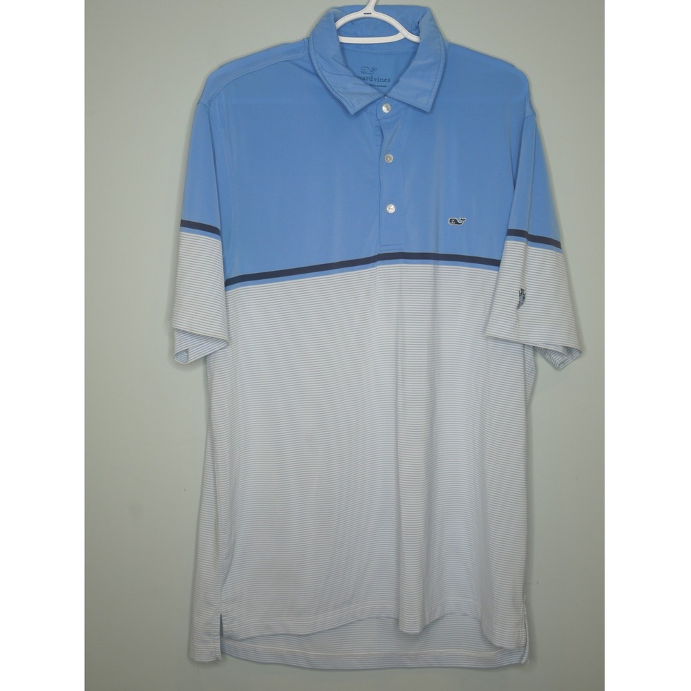 Vineyard Vines Mens Performance Polo Shirt L Light Blue Striped‎ Golf Whale Logo